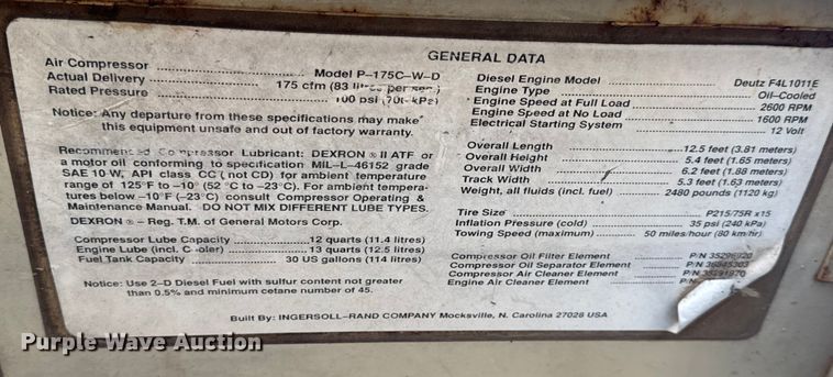 image for item EN0681 Ingersoll Rand P-175C-W-D air compressor