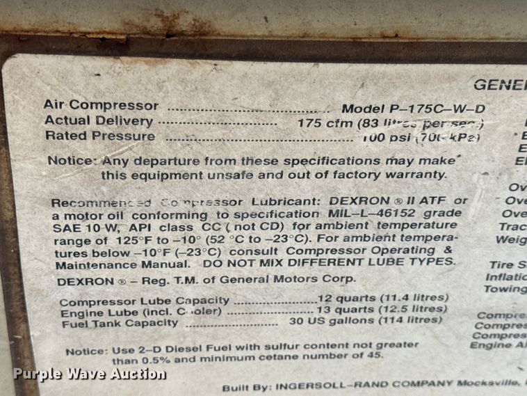 image for item EN0681 Ingersoll Rand P-175C-W-D air compressor