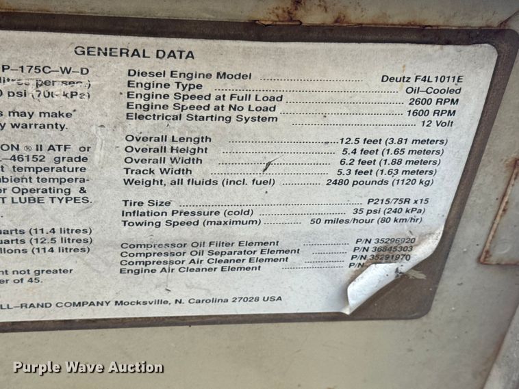 image for item EN0681 Ingersoll Rand P-175C-W-D air compressor