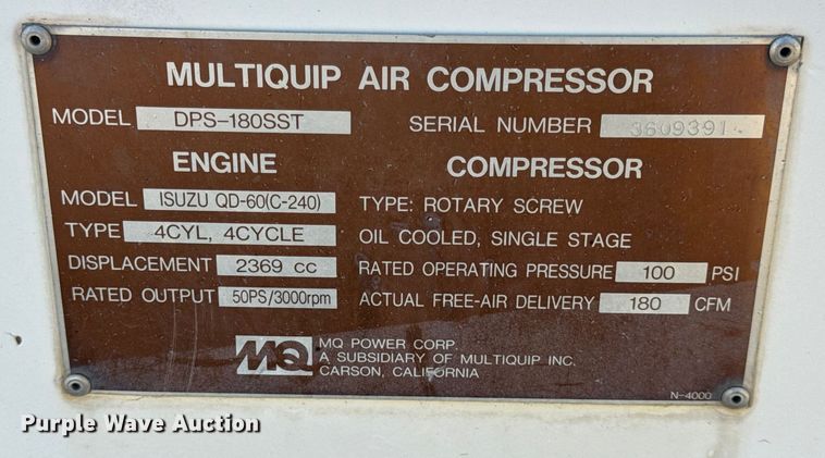 image for item EN0682 MultiQuip DPS-180SST air compressor