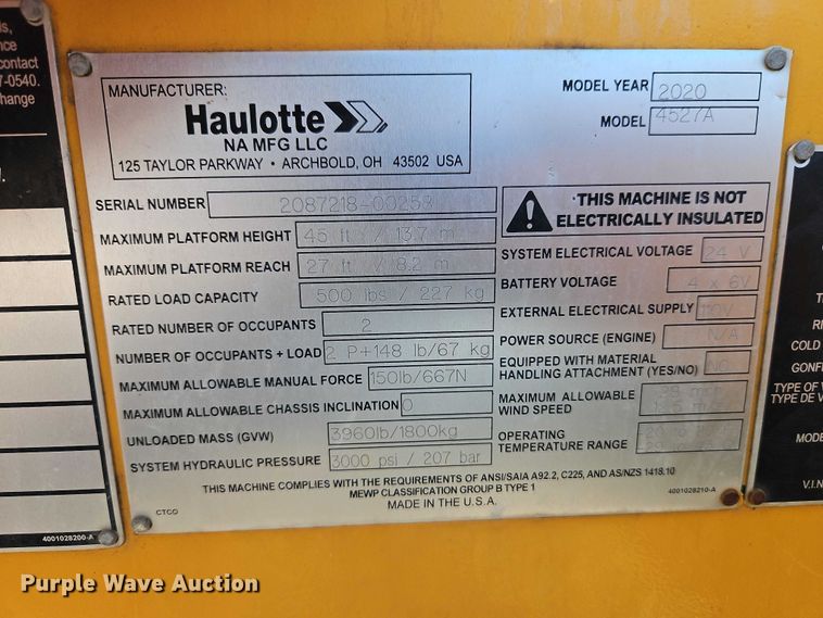 image for item EO4792 2020 Haulotte 4527A boom lift