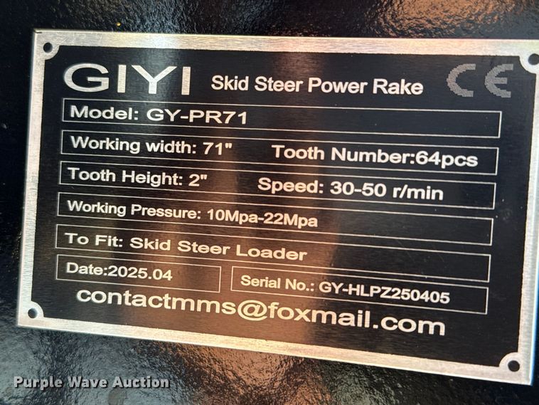 image for item EP0950 2025 GIYI GY-PR71 skid steer power rake
