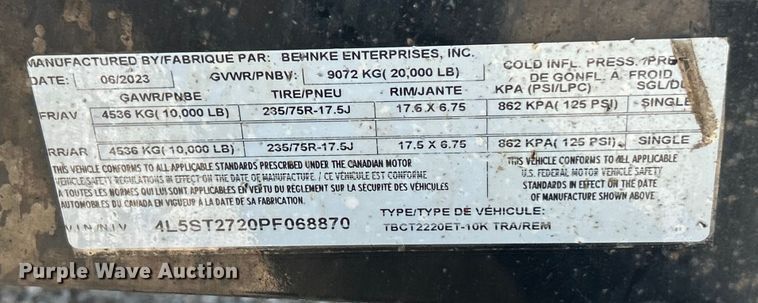 image for item ET6513 2023 Behnke 870 tilt deck equipment trailer