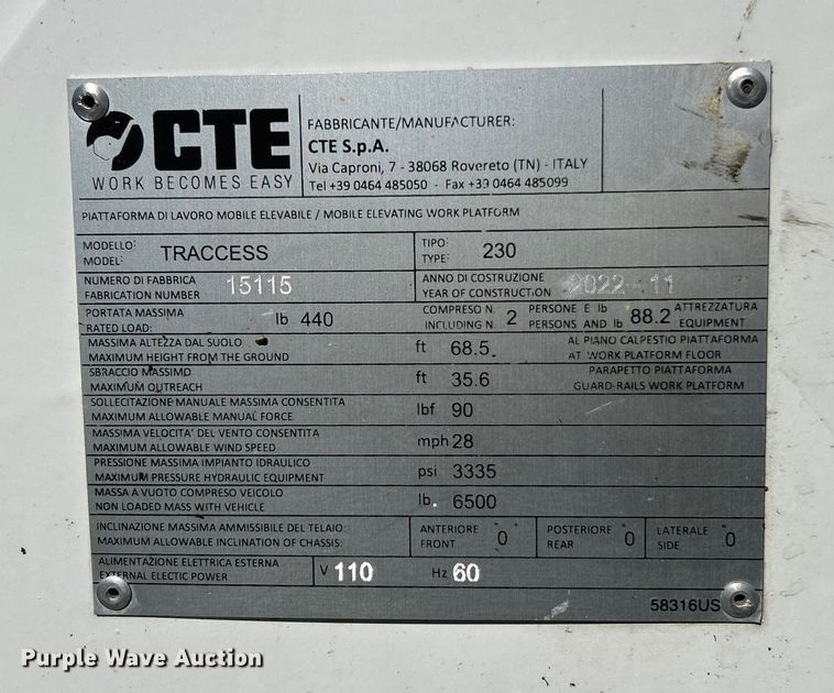 image for item ET6532 2022 CTE 230 boom lift