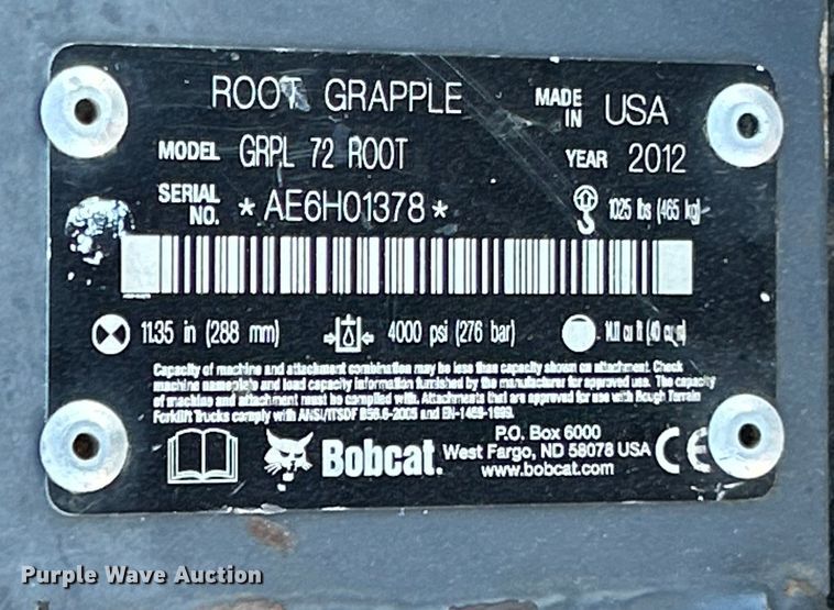 image for item ET6537 2012 Bobcat GRPL 72 ROOT skid steer grapple bucket