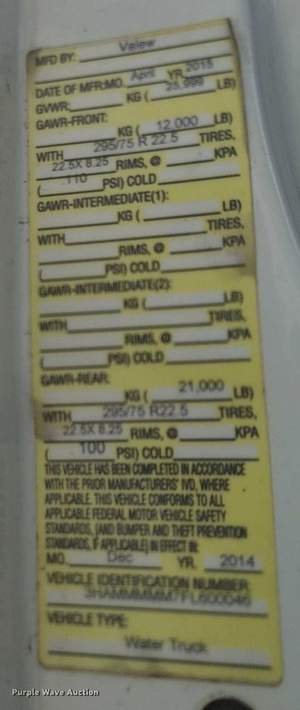 image for item EU2515 2015 International MA025 water truck