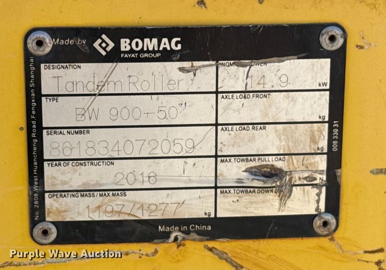 image for item EU5287 2016 Bomag BW 900-50 double drum vibratory roller