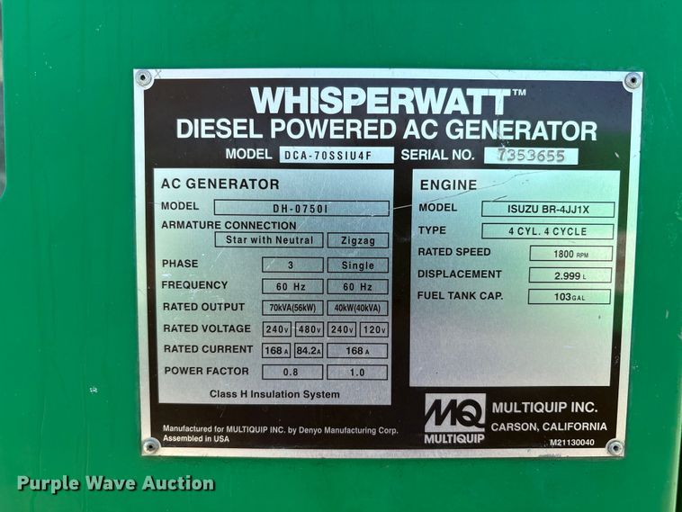 image for item EU8525 2016 Whisperwatt DCA -70SSIU4F generator