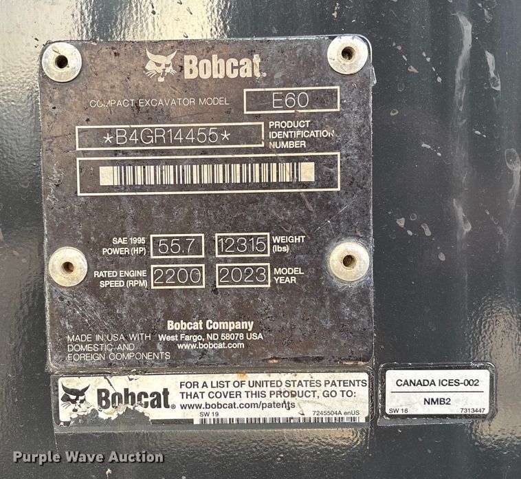 image for item EV3262 2023 Bobcat E60 mini excavator