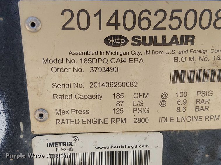 image for item FB4502 Sullair 185DPQ CAi4 EPA air compressor