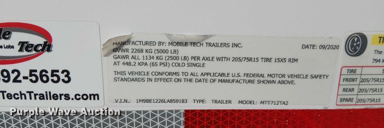 image for item NU9720 2020 Mobile Tech MTT712TA2 fiber optic splicing trailer