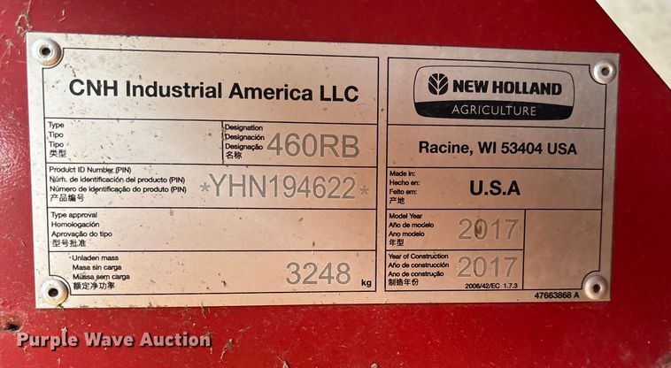 image for item EE4118 2017 New Holland Roll Belt 460 Cropcutter round baler