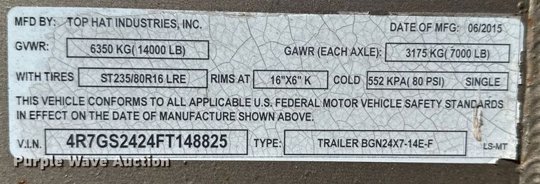 image for item EP0953 2015 Top Hat BGN24X7-14E-F livestock trailer