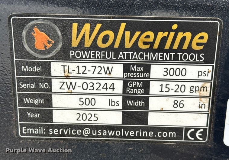 image for item EP2560 2025 Wolverine TL-12-72W skid steer tiller