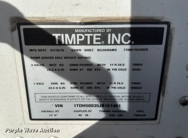 image for item EU6326 2018 Timpte, Inc Timpte grain trailer
