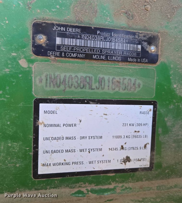 image for item EV5494 2018 John Deere R4038 sprayer