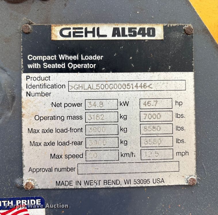 image for item FK1016 2011 Gehl AL540 wheel loader