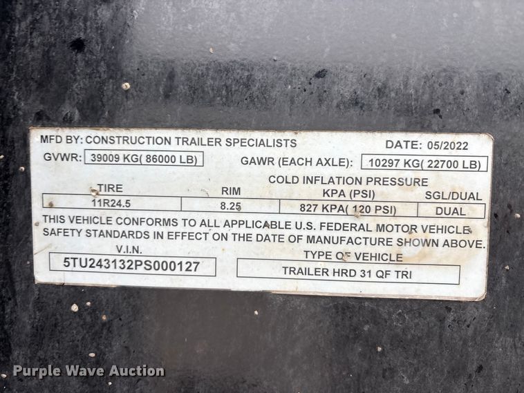 image for item DJ7917 2023 Construction Trailer Specialist HRD 31 QF TRI end dump trailer