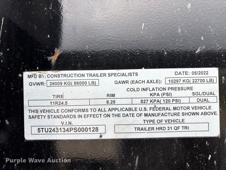 image for item DJ7923 2023 Construction Trailer Specialist HRD 31 QF TRI end dump trailer