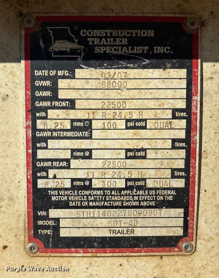 image for item DJ7930 2007 Construction Trailer Specialist  BDT-40 bottom dump trailer