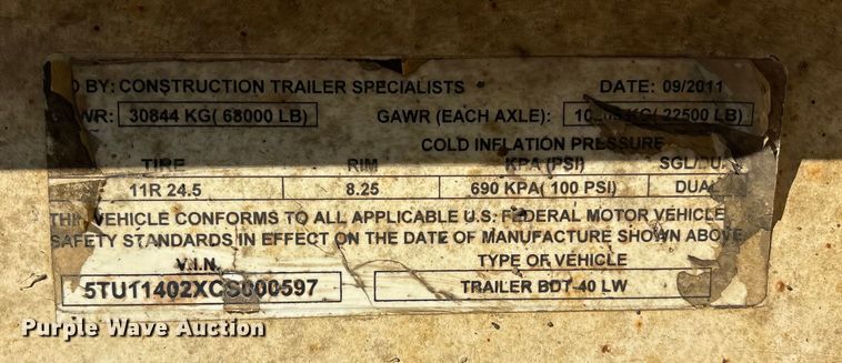 image for item DJ7931 2011 Construction Trailer Specialists BDT-40 LW bottom dump trailer
