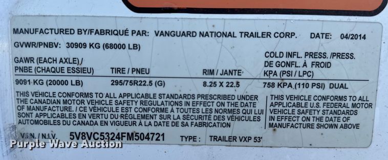 image for item DP8874 2015 Vanguard VXP dry van trailer 