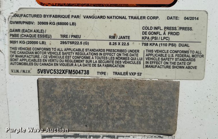 image for item DP8877 2015 Vanguard VXP dry van trailer