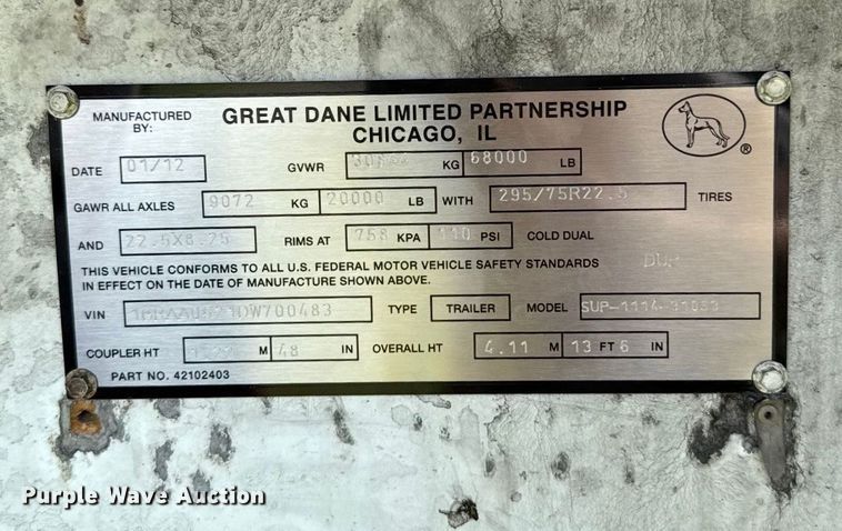 image for item EA7028 2013 Great Dane SUP-1114-31053 refrigerated van trailer