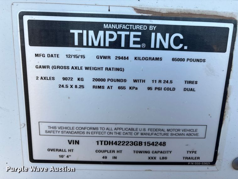 image for item EA7701 2016 Timpte Super Hopper grain trailer