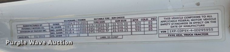 image for item EB1150 2016 Peterbilt 567 semi truck