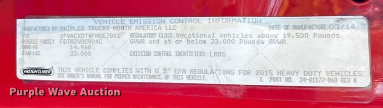 image for item EC3901 2015 Freightliner M2 truck cab and chassis