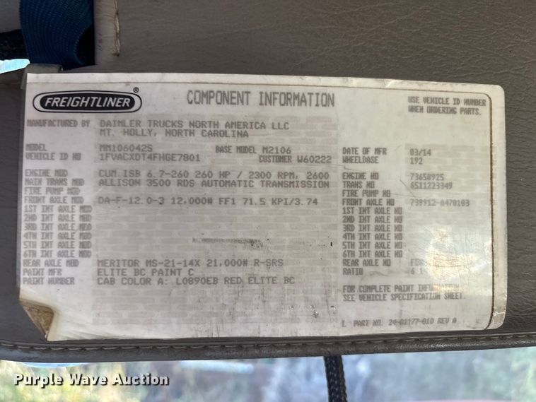 image for item EC3901 2015 Freightliner M2 truck cab and chassis