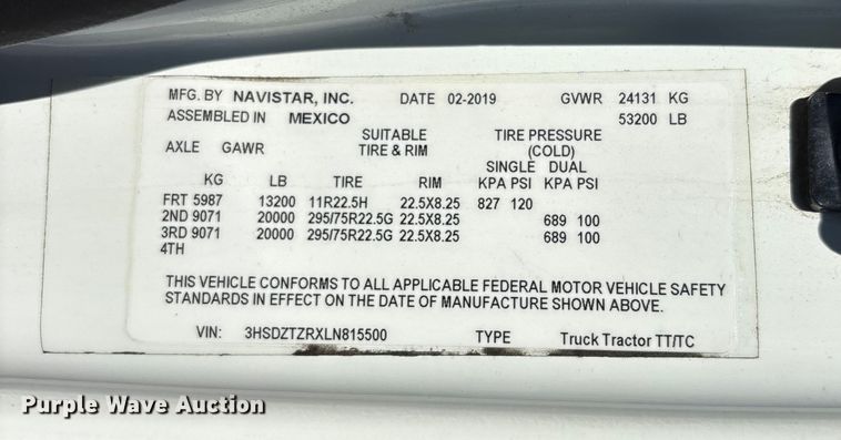 image for item EC3905 2020 International LT625 semi truck