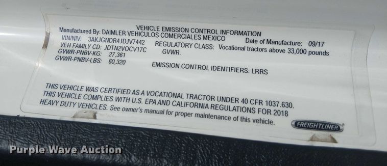 image for item EG1680 2018 Freightliner SD122 semi truck