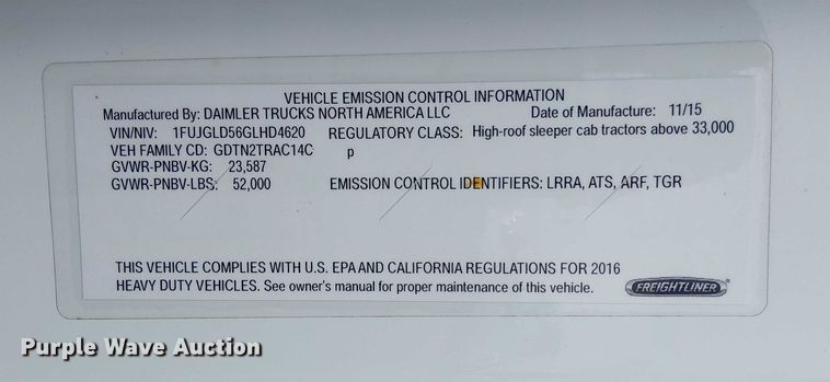 image for item EG1681 2016 Freightliner Cascadia semi truck