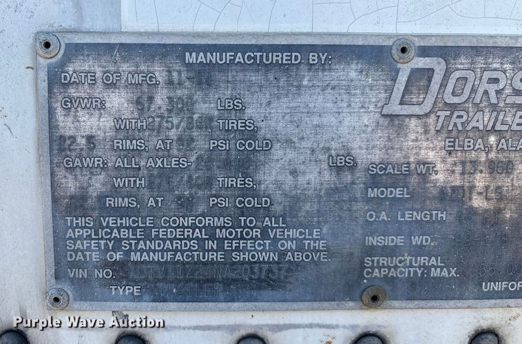 image for item EN0521 1992 Dorsey Trailers Inc. AIDT-LS dry van trailer