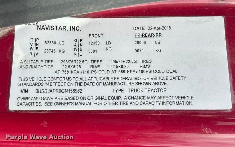 image for item ET3411 2016 International ProStar Plus semi truck