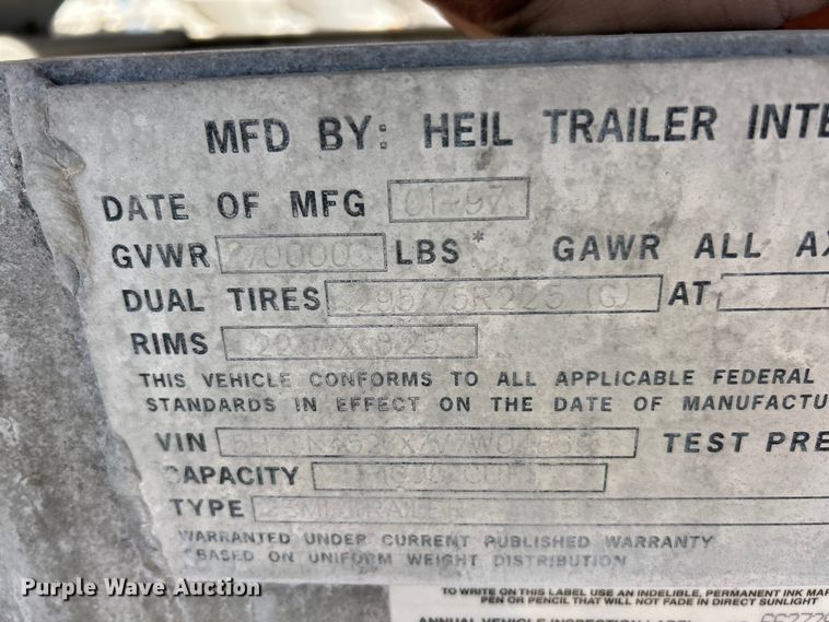 image for item ET6627 1997 Heil Tanker pneumatic dry bulk trailer