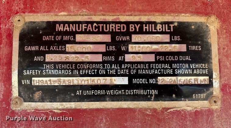 image for item EV3266 1990 Hilbilt 22-24 5/16 FLMN end dump trailer