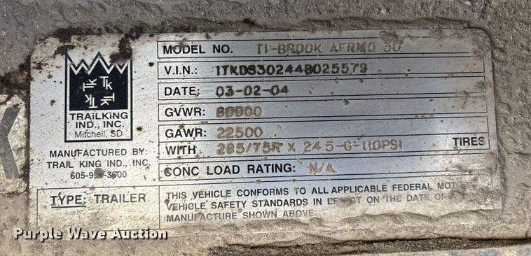 image for item FI0032 2004 Trail King Ind., Inc. TI-Brook Afrmo 30 end dump trailer