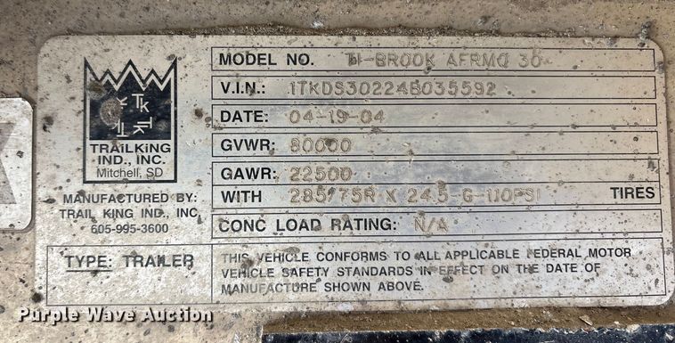 image for item FI0033 2004 Trail King Ind., Inc TI-Brook Afrmo 30 end dump trailer