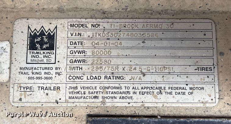image for item FI0034 2004 Trail King Ind., Inc. TI-Brook Afrmo 30 end dump trailer