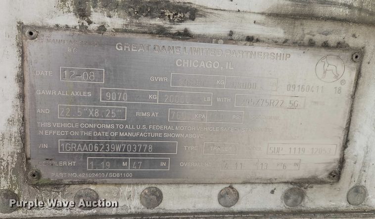 image for item FK0636 2009 Great Dane SUP-1119-12053 refrigerated van trailer