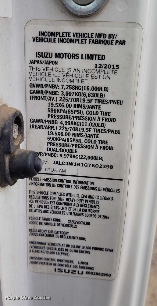 image for item IH9347 2016 Isuzu NPR-XD truck cab and chassis