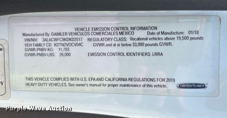 image for item YA0793 2019 Freightliner Business Class M2 box truck