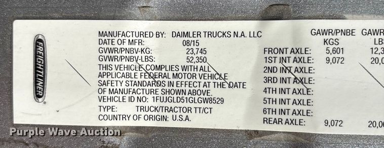 image for item YA1150 2016 Freightliner Cascadia semi truck
