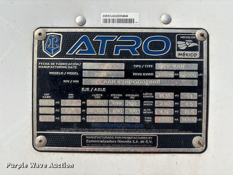 image for item YA1190 2023 Atro dry van trailer