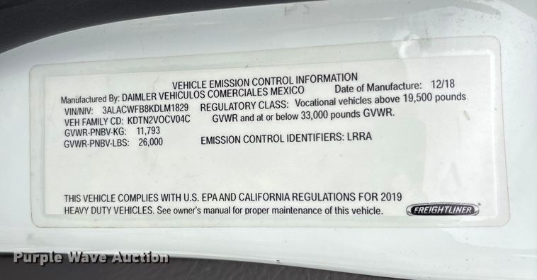 image for item YA1391 2019 Freightliner Business Class M2 box truck