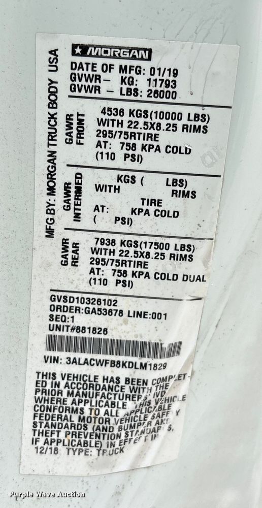 image for item YA1391 2019 Freightliner Business Class M2 box truck