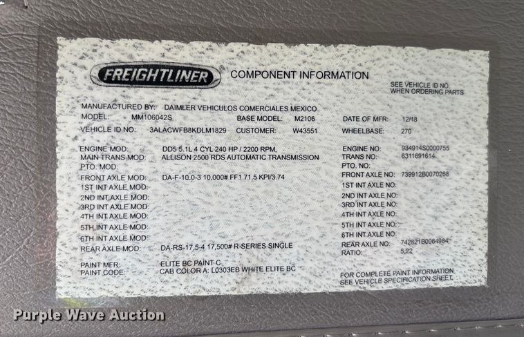 image for item YA1391 2019 Freightliner Business Class M2 box truck
